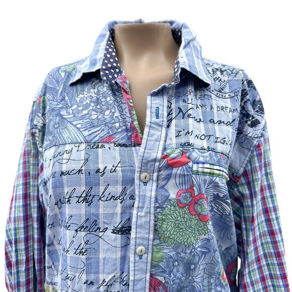 90's Desigual Long Sleeve Plaid Patchwork Floral Button Up‎ Shirt Unisex Mens M - Picture 12 of 12